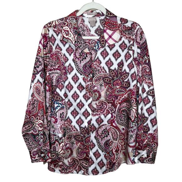 Chico's No-Iron Sateen Menswear Mix Print Wing Collar Shirt size 1 8/10 - Picture 1 of 8